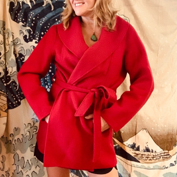 J. Jill Jackets & Blazers - J Jill red wool blend wrap tie waist coat shawl collar M/L